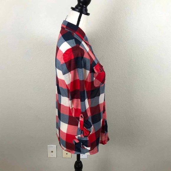 R N B Shirt Red Black Check Roll Tab Button Up Pockets Colorful Womens Medium - Picture 11 of 15